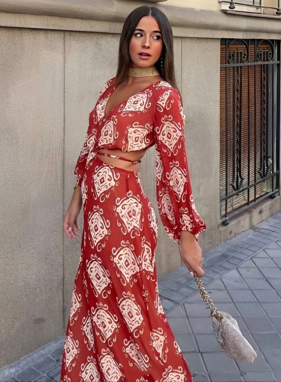 Zara Red Cream Printed Cutout Maxi Dress Size L Open Back Balloon Sleeve